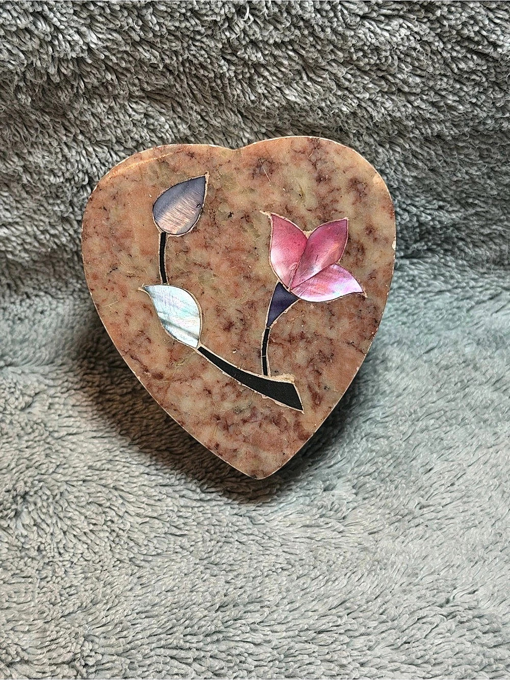 Vintage Heart-Shaped Marble Stone Trinket Box w Pearlescent Floral Inlay